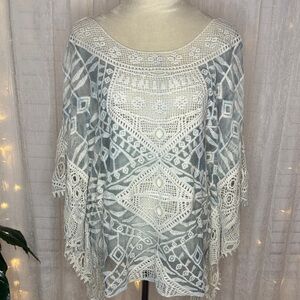 Elegant Lace Poncho in Cream and Blue
